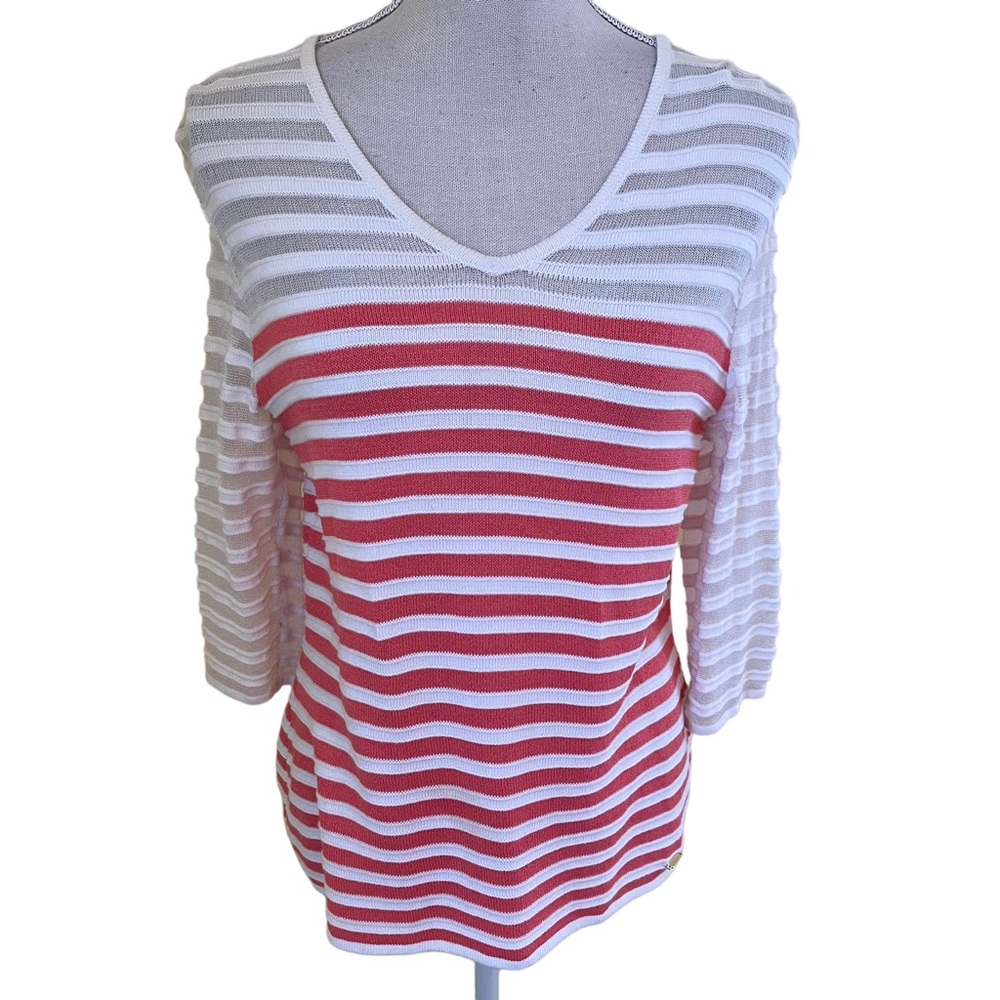 St John Sport by Marie Grey Peach/Coral and White Striped Pullover Sweater